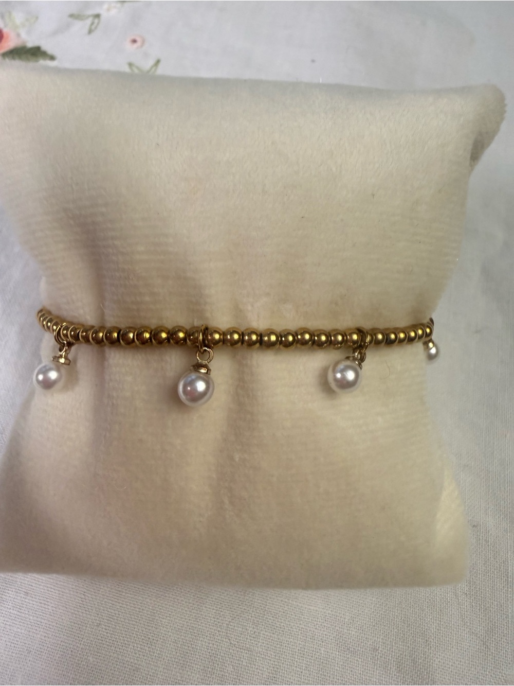 Eye Candy Gold Beaded Bracelet with White Pearl Charms